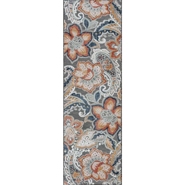Tayse Rugs Tropic Floral Black 2 ft. x 8 ft. Indoor/Outdoor Area Rug