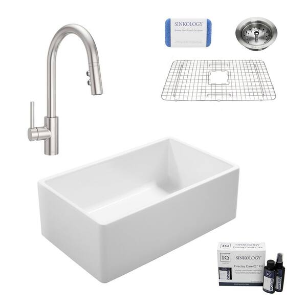 SINKOLOGY Bradstreet II 33 in. Farmhouse Single Bowl Crisp White Fireclay Kitchen Sink with Stellen Faucet (Stainless) Kit