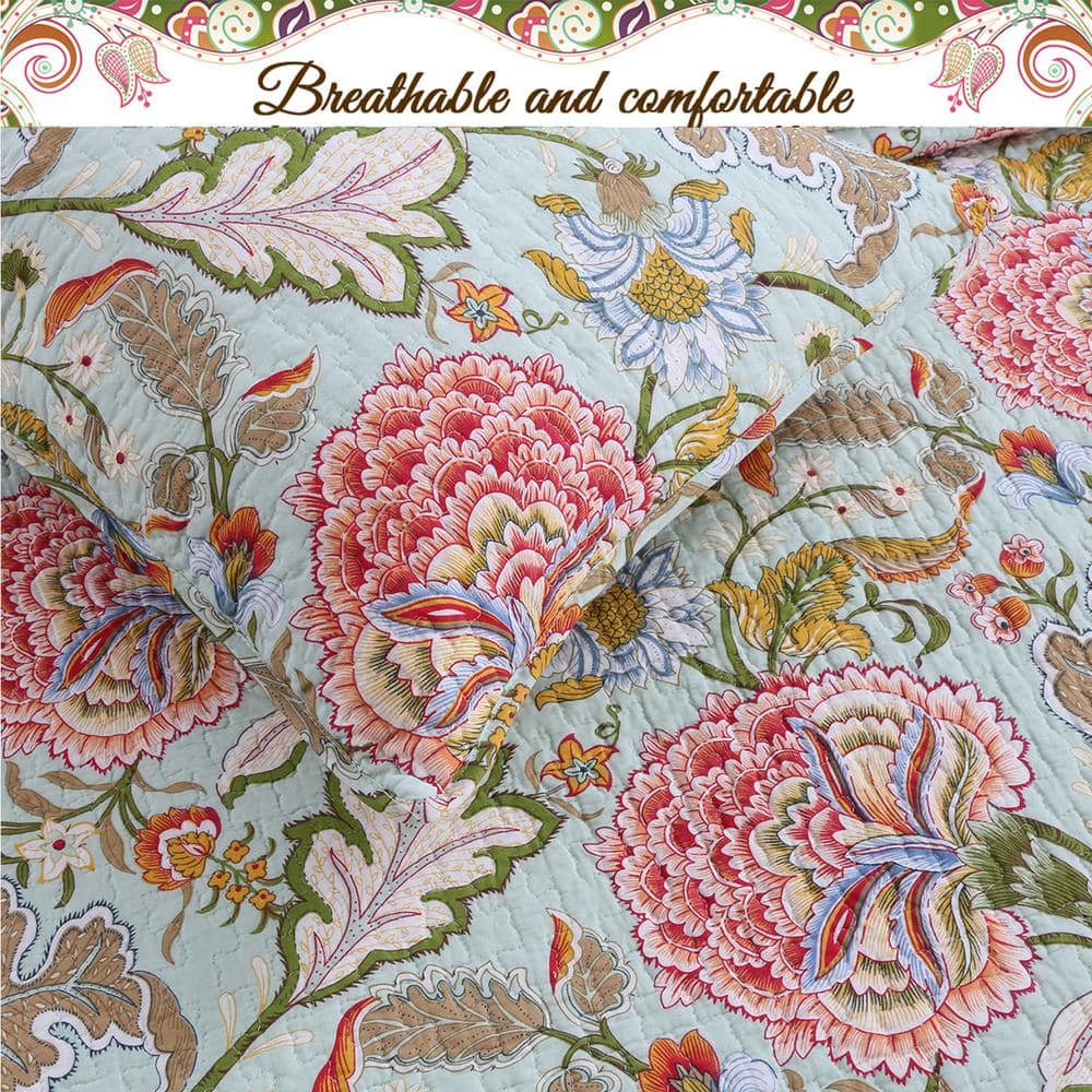 Blooming Camellia Floral Cotton Queen Quilt Set