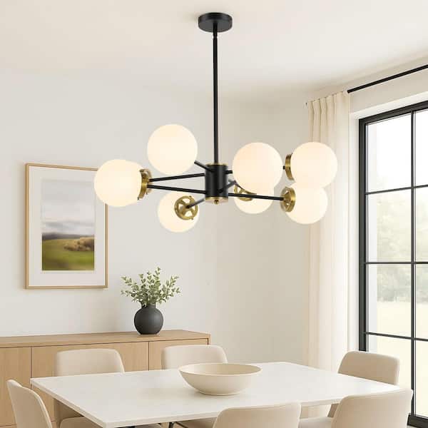 8-Light Black Sputnik Chandelier with White Glass Shades