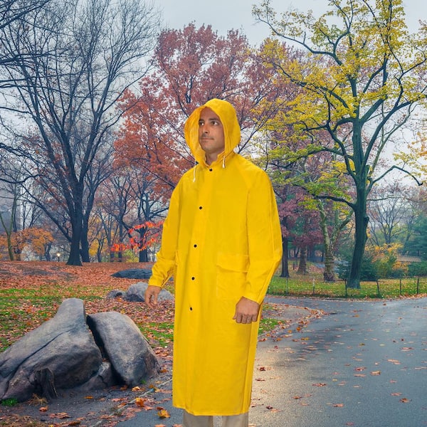 yellow rain suit with hat