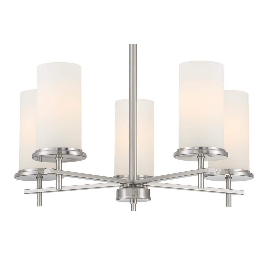 Elegant Brushed Nickel 5-Light Chandelier with Etched White Glass Shades