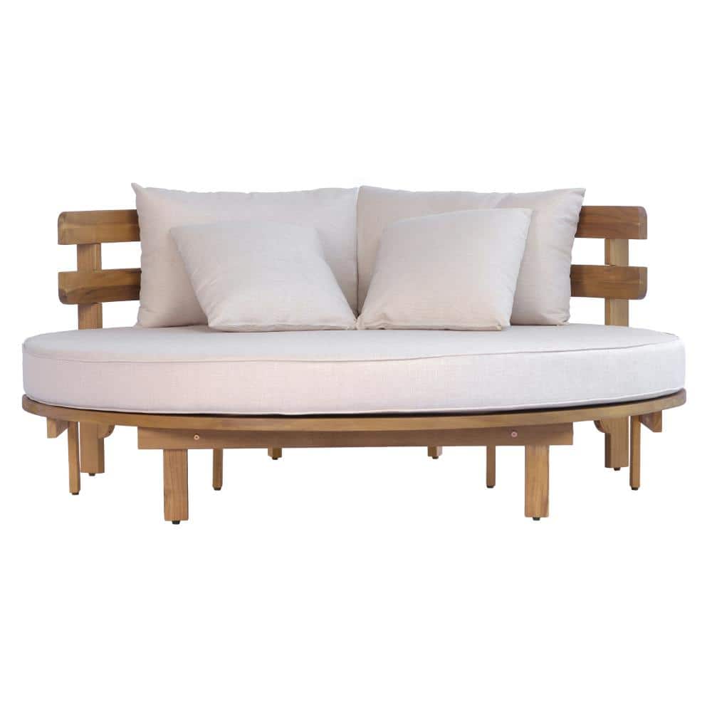 Outdoor Acacia Wood Round Daybed with Beige Cushion and 4 Pillow, Curved Slatted Backrest for Backyard, Poolside