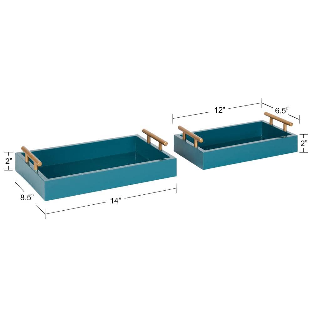 Teal and Gold Rectangular Wood Tray Set with Metal Handles