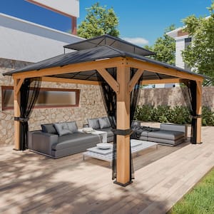 13 ft. x 11 ft. Cedar Wood Frame Gazebo with Double Galvanized Steel Roof and Mosquito Netting for Outdoor Patio