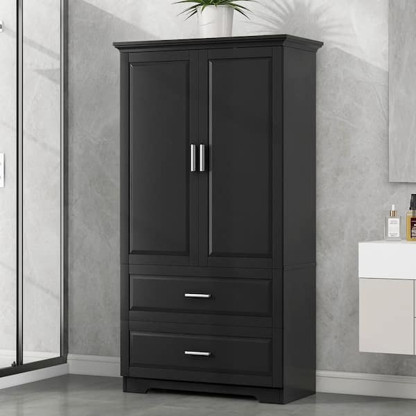 32 in. W x 15 in. D x 63.2 in. H Black Linen Cabinet Tall Bathroom Storage Cabinet with 2 Drawers and Adjustable Shelf