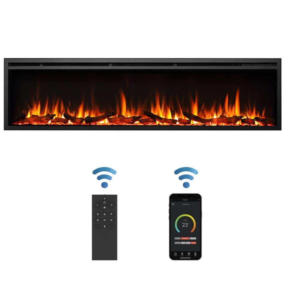 72 in. Wall Recessed and Wall Mounted Electric Fireplace in Black with Touc