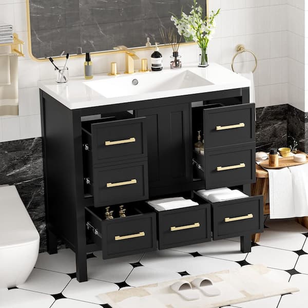 36 in. Single Sink Freestanding Black Bath Vanity with White Resin Top and 5 Drawers Storage Door Cabinet Unassembled