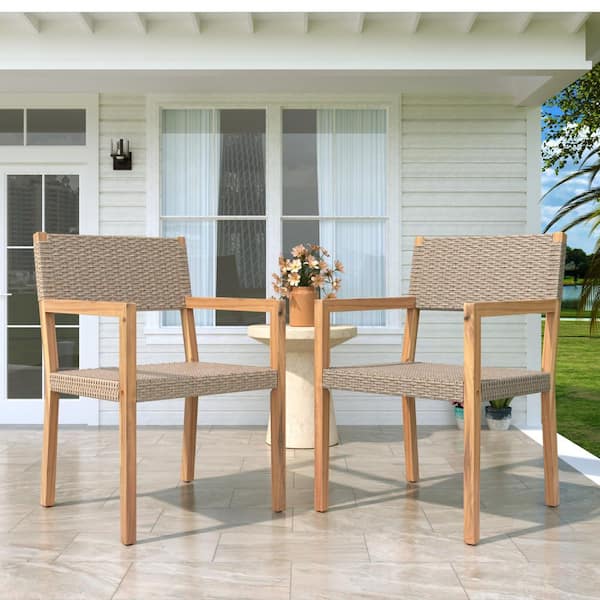 Wesley Patio PE Wicker and Solid Wood Outdoor Dining Chairs, Light Teak+Light Brown, Set of 2
