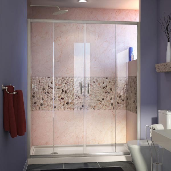DreamLine Visions 60 in. W x 30 in. D x 74-3/4 in. H Semi-Frameless Shower Door in Brushed Nickel with Biscuit Base Left Drain