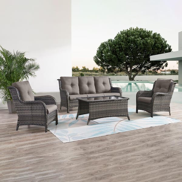 4-Piece Wicker Outdoor Patio Seating Conversation Set Sectional Sofa Glass Coffee Table with Gray Cushions