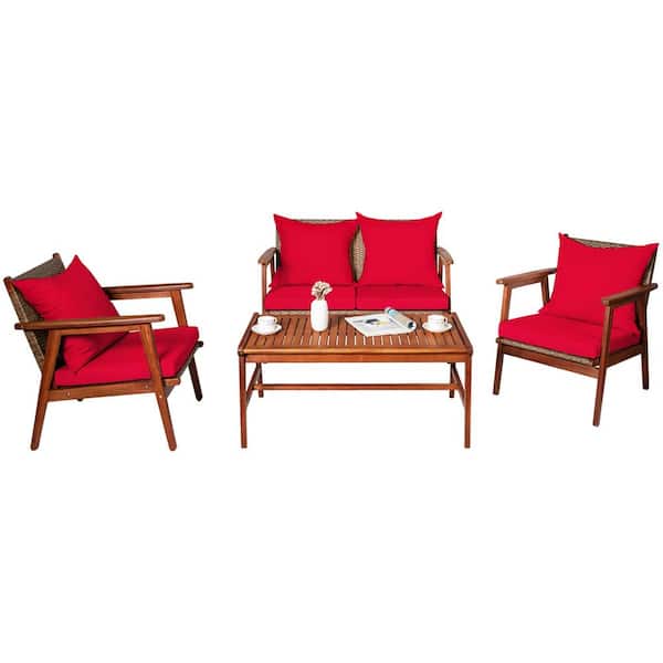 FORCLOVER 4-Piece Aracia Wood Patio Conversation Set with Red Cushions Outdoor Furniture Set