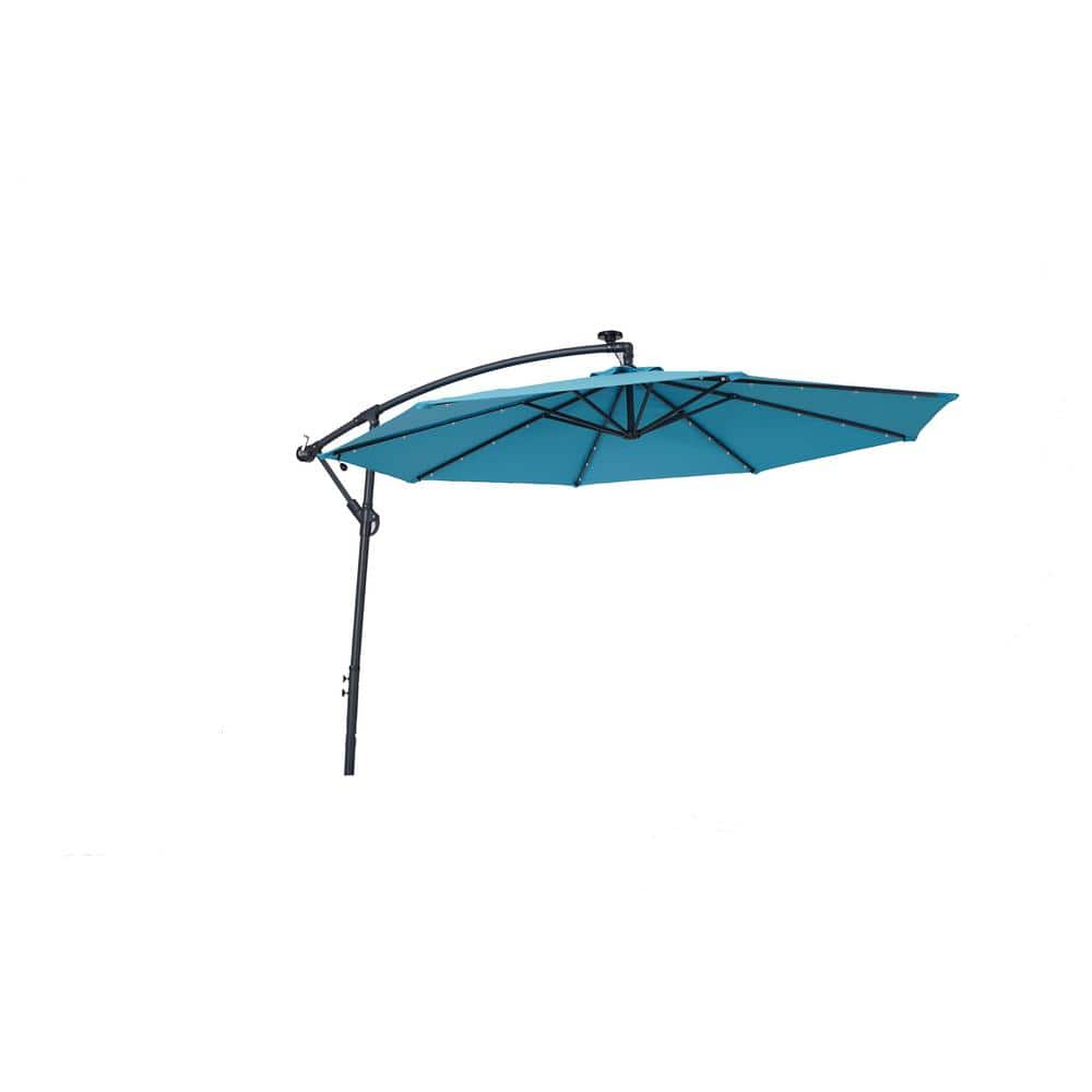 10 ft. Steel Octagon Cantilever Patio Umbrella in Light Blue with Solar LED