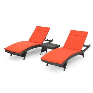 Miller Grey 3-Piece Faux Rattan Outdoor Chaise Lounge and Table Set with Orange Cushions