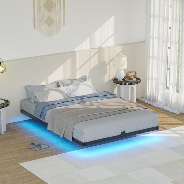 7.7 in. Black LED Floating Bed Frame Full Platform Bed