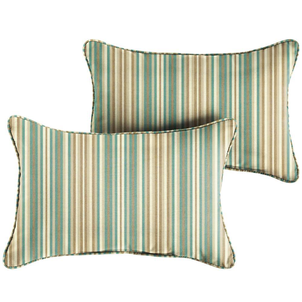 Sunbrella Blue Beige Stripe Rectangular Outdoor Corded Lumbar Pillows (2-Pa