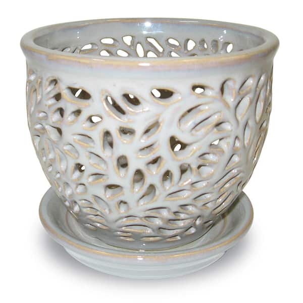 Vigoro 5.5 in. Dallas Small Gray Lacey Orchid Ceramic Planter (5.5 in. D x  5 in. H) with Drainage Hole and Attached Saucer 521414 - The Home Depot