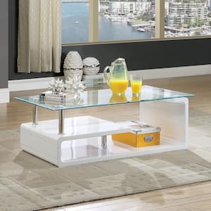 Bellamy 48 in. Glossy White/Clear Large Rectangle Glass Coffee Table with Shelf