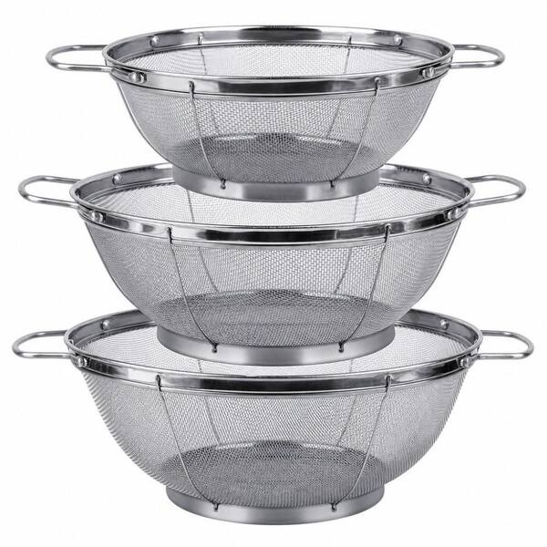 18/8 Stainless Steel Mesh Strainer Set with Riveted Handles, 3-Piece (3/4/5QT) Silver Kitchen Colanders, Rinse or Steam