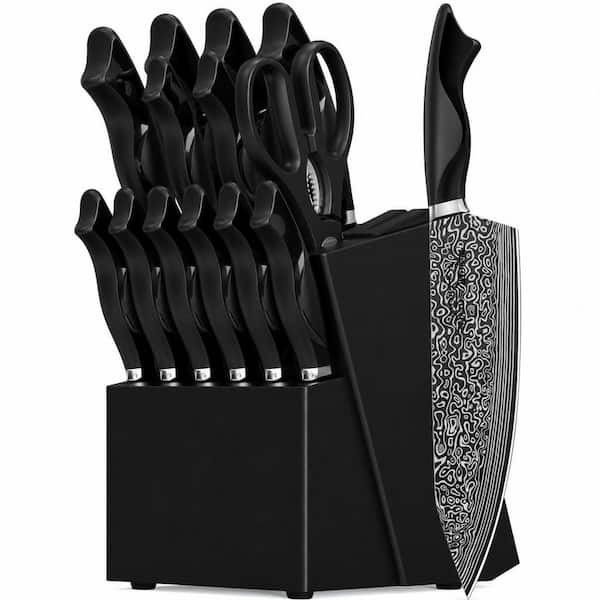 15-Piece High Carbon Stainless Steel German-Style Kitchen Knife Set with Built in Sharpener, Dishwasher Safe, in Black