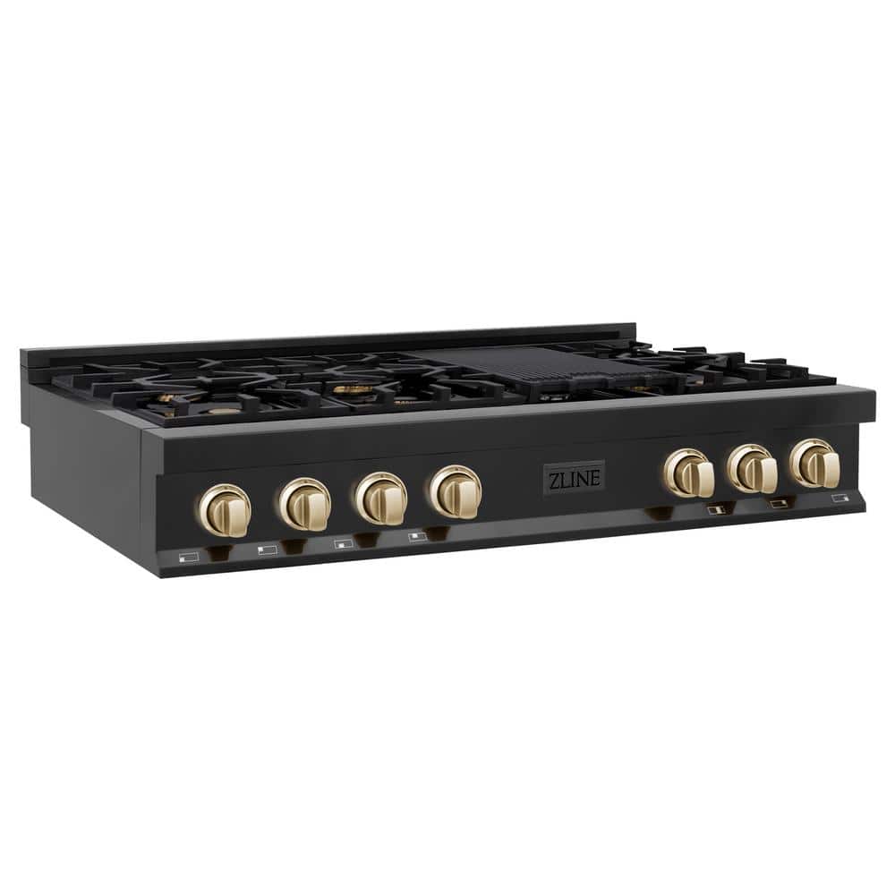 ZLINE Kitchen and Bath Autograph Edition 48 in. 7 Burner Front Control Gas Cooktop with Polished Gold Knobs in Black Stainless Steel, Black Stainless Steel & Polished Gold