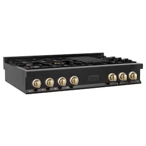 Autograph Edition 48 in. 7 Burner Front Control Gas Cooktop with Polished Gold Knobs in Black Stainless Steel