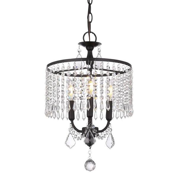 TYCOLIT 3-Light Black Dimmable Crystal Chandelier with Clear Crystals Shades