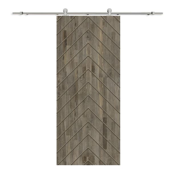 CALHOME Herringbone 30 in. x 80 in. Fully Assembled Weather Gray Stained Wood Modern Sliding Barn Door with Hardware Kit