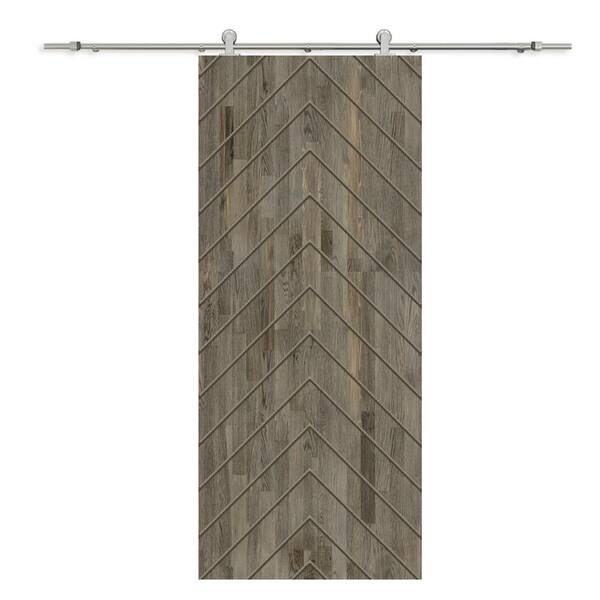 CALHOME Herringbone 30 in. x 96 in. Fully Assembled Weather Gray Stained Wood Modern Sliding Barn Door with Hardware Kit