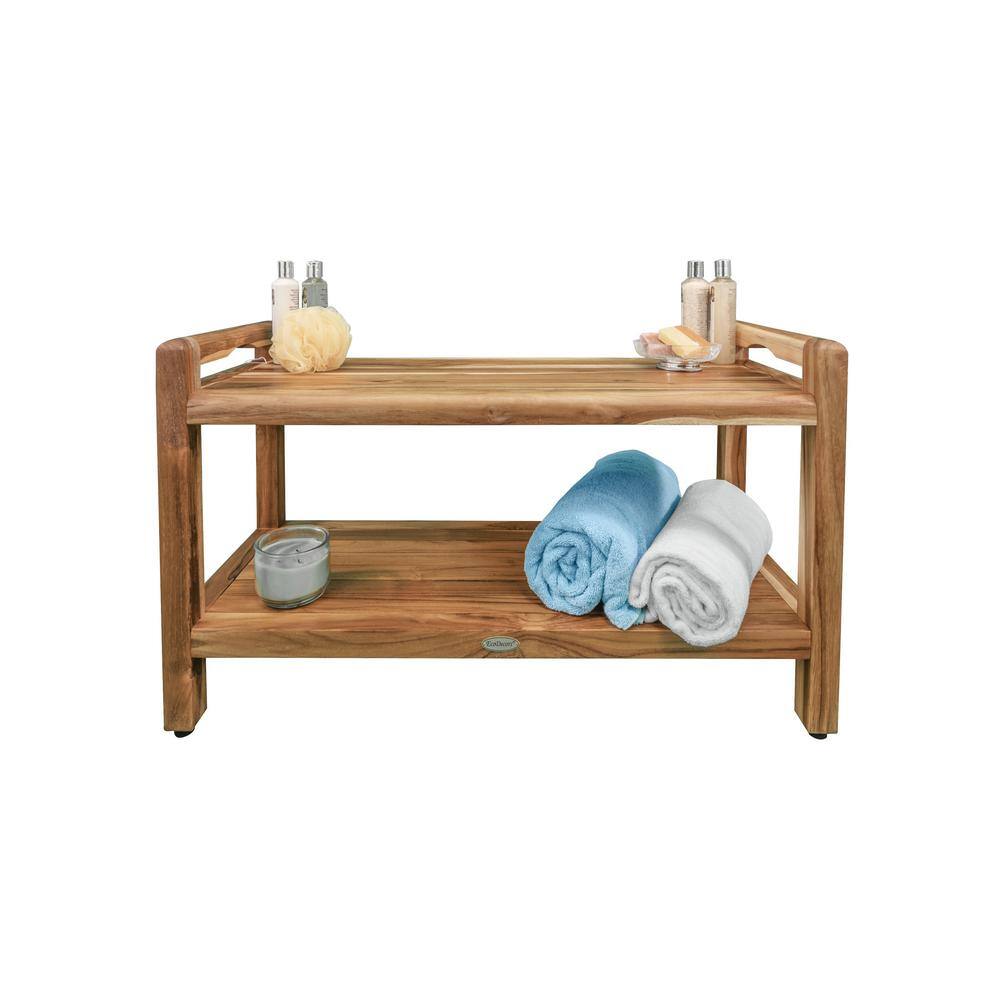Teak Freestanding Shower Bench with Shelf and LiftAide Arms