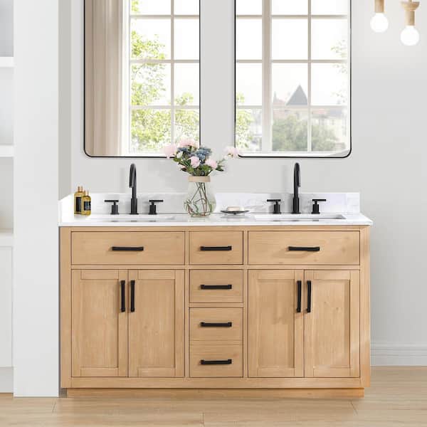 Altair Gavino 60 in. W x 22 in. D x 34 in. H Bath Vanity in Light Brown with Grain White Composite Stone Top