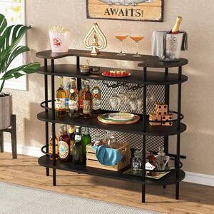 Bryan Black and Walnut Bar Unit for Liquor Bar Cabinet Table with 4 Tier Storage Shelves, Wine Glass Holder and Footrest