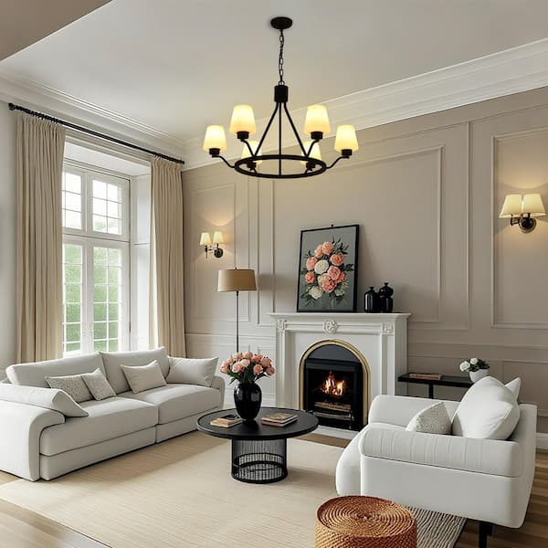 Industrial 6 Light Black Wagon Wheel Island Chandelier with White Opal Glass Shade for Kitchen Island Dining Living Room