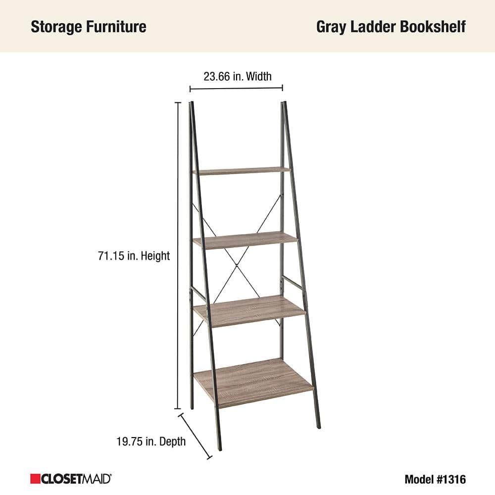 Weathered Gray 4-Tier Wood and Metal Ladder Shelf