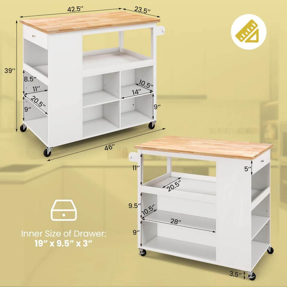 White Kitchen Cart with Rubber Wood Countertop and Storage Shelves