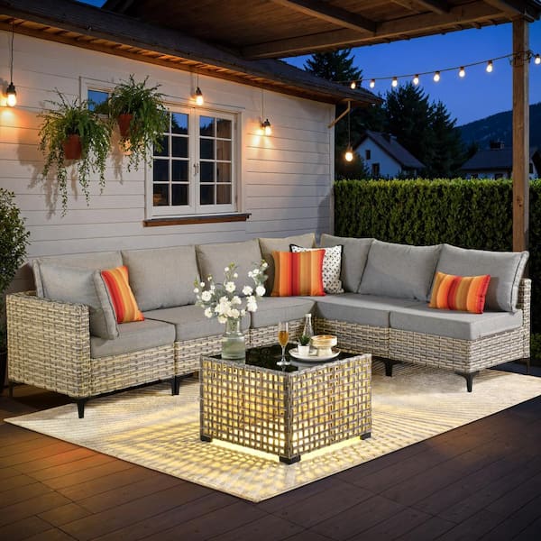 HOOOWOOO Holston 7-Piece Wicker Modern Outdoor Patio Conversation Sofa Sectional Set with a LED Table and Dark Grey Cushions