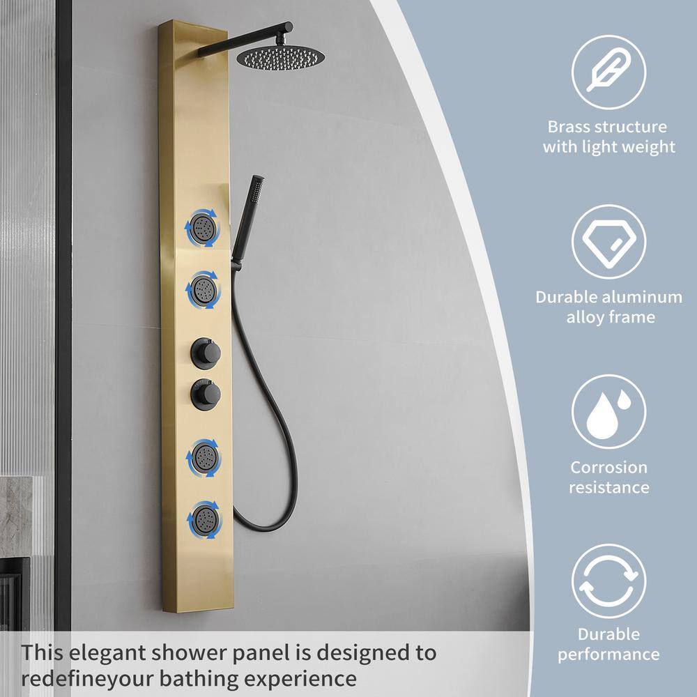 Gold and Black Stainless Steel Shower Panel System with Rainfall Showerhead