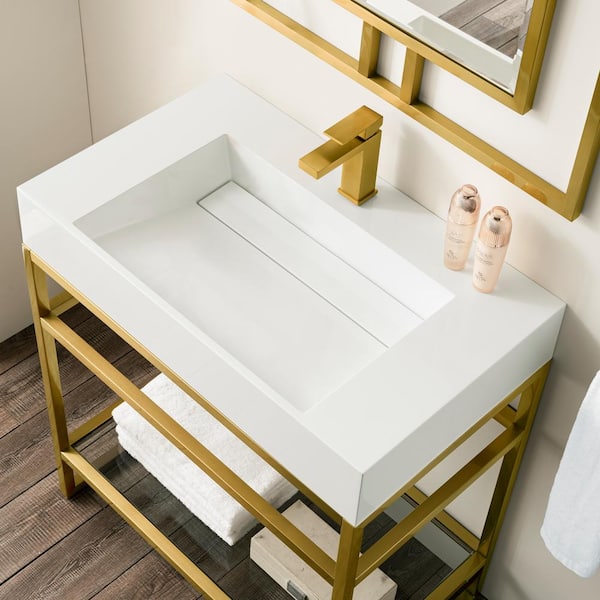 Home Decorators Collection Acken 31.5 in W x 19 in D x 35 in H Single Sink  Freestanding Bath Vanity in Radiant Gold with White Engineered Stone Top  HD105-V31.5-RGD - The Home Depot