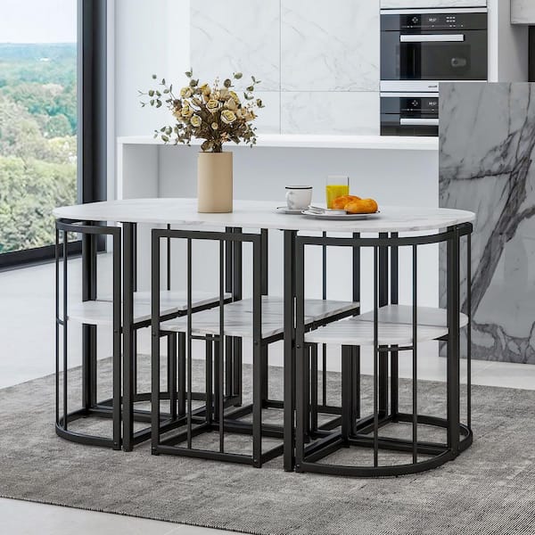 Harper & Bright Designs Black and White Modern 7-Pcs MDF and Faux Marble Top Dining Table Set with 6-Chairs Seats 6