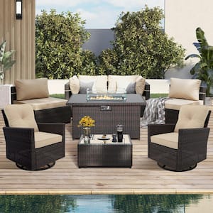 8-Piece Wicker Patio Firepit Conversation Set Outdoor Seating Set with Swivel Chairs and Beige Cushions