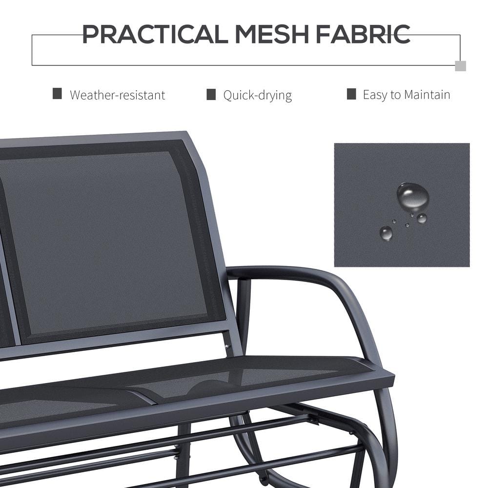 Black Steel Outdoor Glider Bench with Ergonomic Backrest