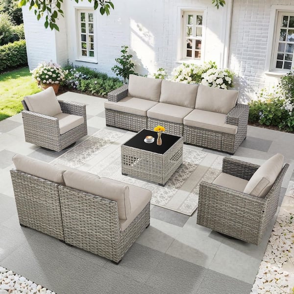 8-Piece Taupe Wicker Patio Conversation Set with Beige Olefin Cushions and Lantern-Like Light Box/Patio Swivel Chairs
