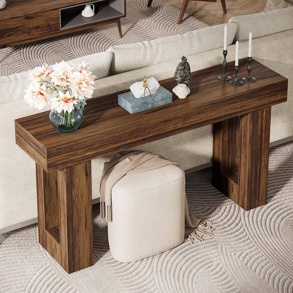 63-Inch Rustic Brown Wooden Console Table with Storage