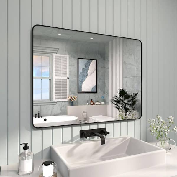 TaiMei 48 in. W x 36 in. H Rectangular Framed Wall Bathroom Vanity Mirror in Matte Black