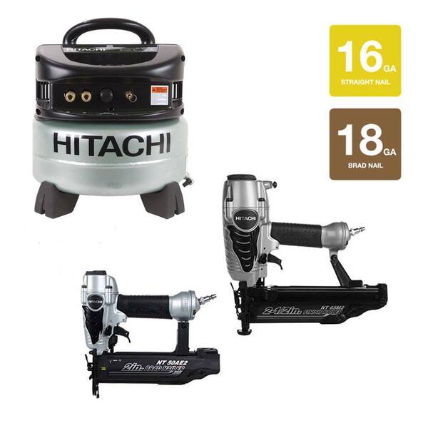 Hitachi 2.5 in. x 16-Gauge Finish Nailer, 18-Gauge x 2 in. Finish Nailer and 6 gal. Compressor Kit (3-Piece)