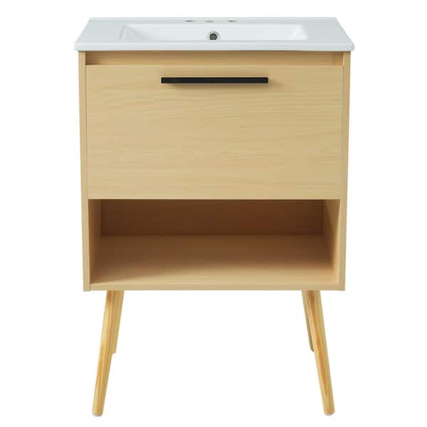 24 in. Natural Solid Wood Framed Bath Vanity with Ceramic Top