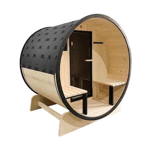 3-Person Capacity Outdoor White Finland Pine Traditional Wet/Dry Barrel Sauna with Black Accents and Front Porch Canopy