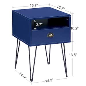 Nightstand 2-Tier Industrial End Side Table with Open Compartment & 1 Drawer, Deep Blue，23.7"Tx15.7"Wx15.7"L