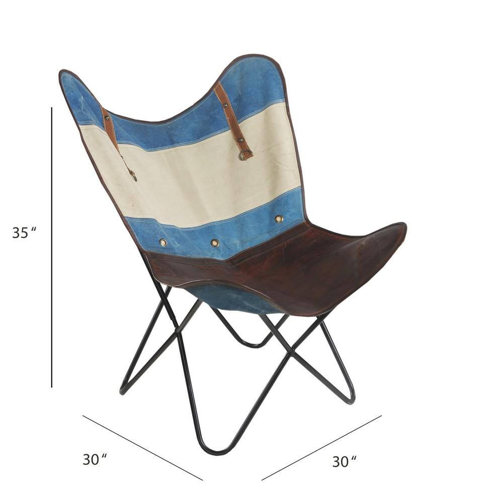 Handcrafted Blue and Ivory Leather Butterfly Chair with Metal Frame