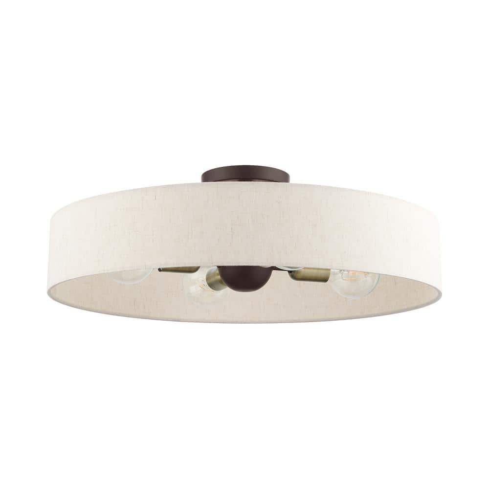 Elegant Bronze Drum Semi-Flush Mount with Oatmeal Fabric Shade